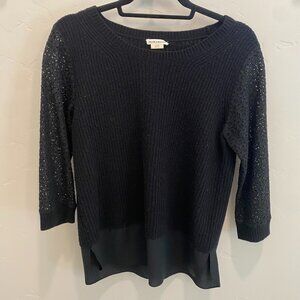 Club Monaco, Silk Cashmere Sweater, Mixed Media Crochet 3/4 Sleeve, Navy, Medium